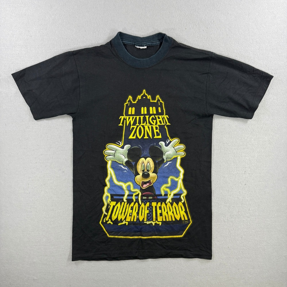 Vtg 90s Mickey Mouse Tower of Terror TShirt Men Small Black Disney Twilight Zone